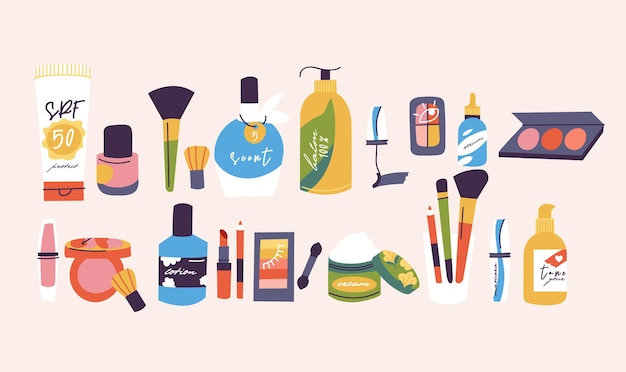 Vector ilustración variada de la composición de productos cosméticos.