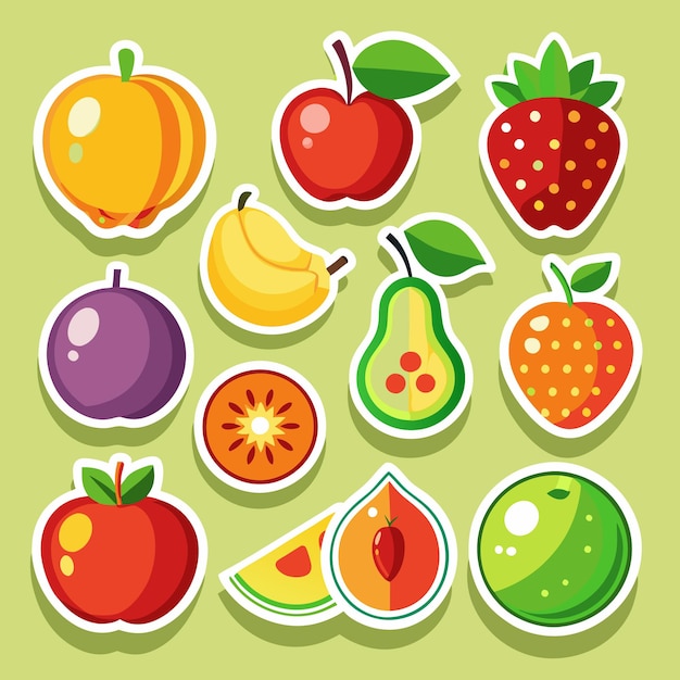 Una ilustración de varias frutas en un estilo similar a una pegatina sobre un fondo verde