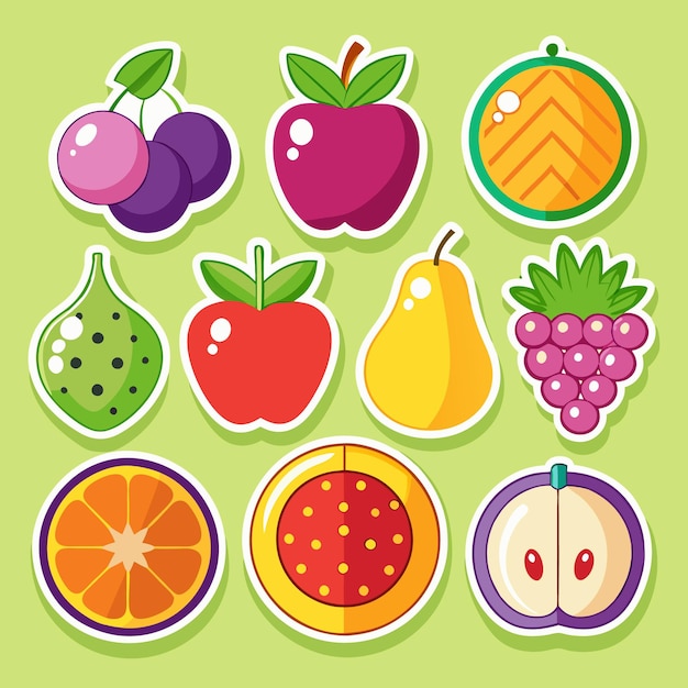 Una ilustración de varias pegatinas de frutas en fondo verde