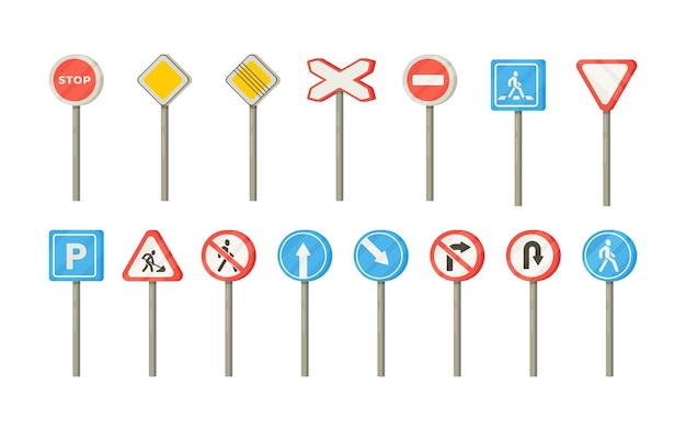 Ilustración de varias señales de tráfico aislado en blanco