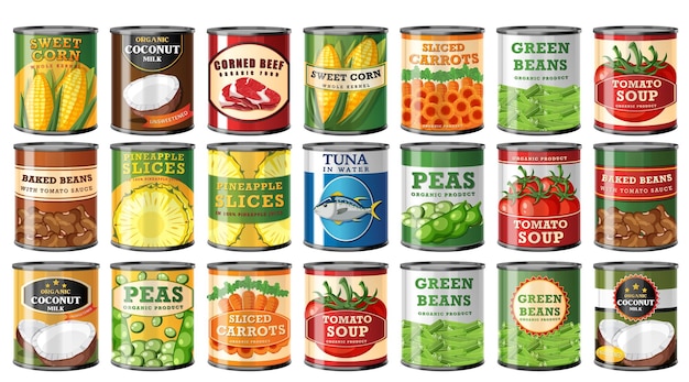 Ilustración de una variedad de productos alimenticios enlatados