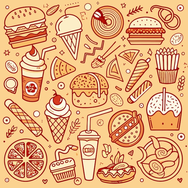 Ilustración de varios alimentos dulces y salados como helados, hamburguesas, pasteles y más