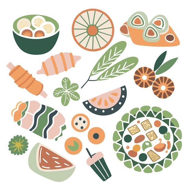 Ilustración de varios alimentos en un estilo de colores brillantes