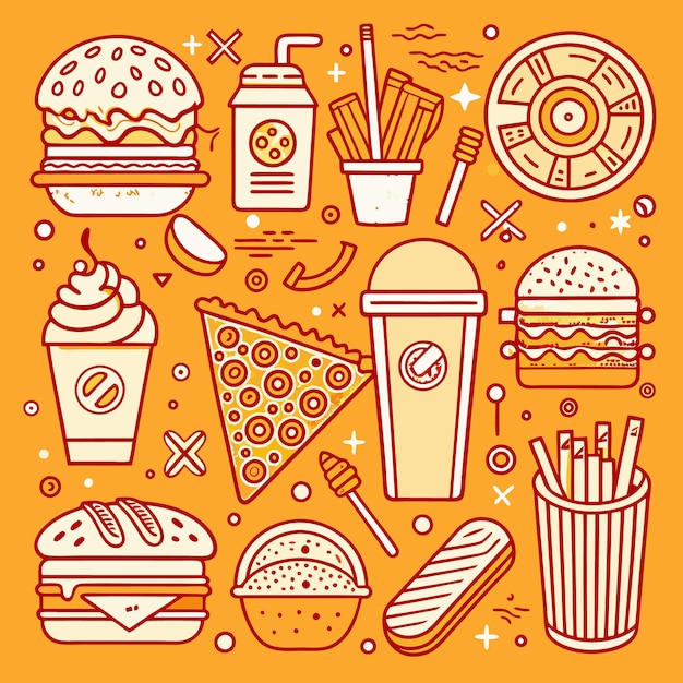 Ilustración de varios artículos de comida rápida