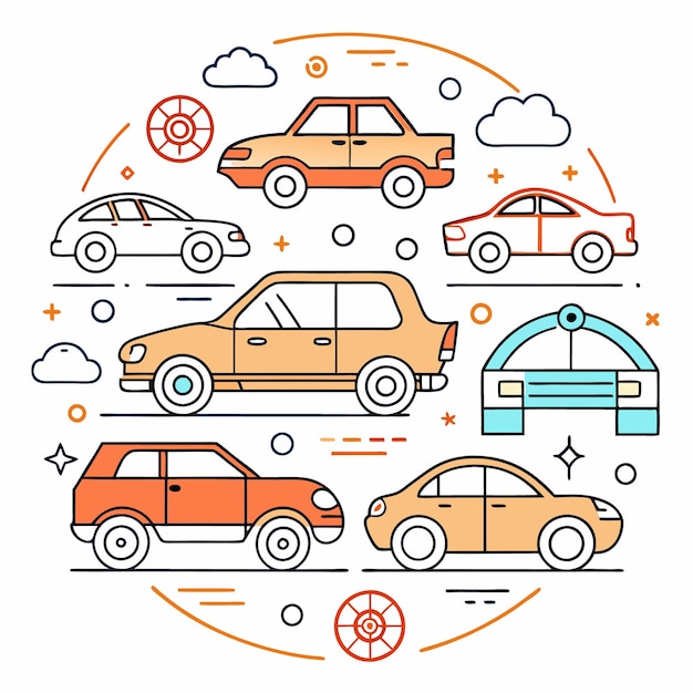 Ilustración de varios coches con líneas delgadas