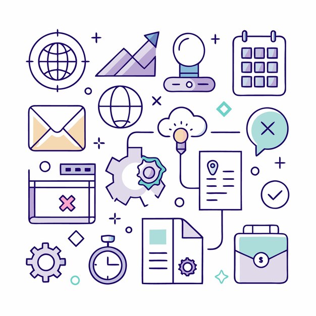 Ilustración de varios iconos comerciales, incluido un sobre de calendario de globo, un documento de engranajes de nube y un cronómetro