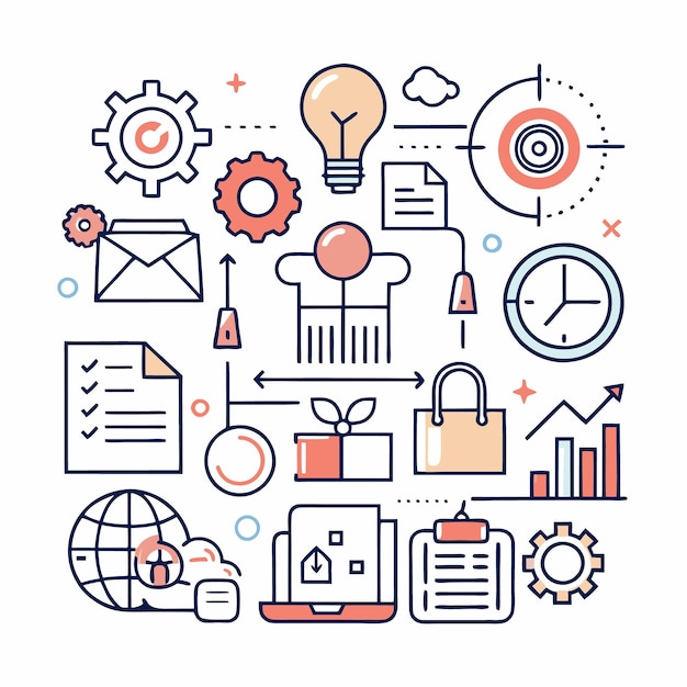 Ilustración de varios iconos comerciales, incluidos engranajes, una bombilla, una lista de comprobación, un reloj, una bolsa de compras y una computadora portátil