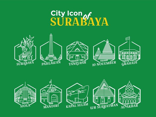 Ilustración de varios lugares históricos en la ciudad de surabaya