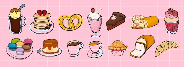 Ilustración de varios postres helados panqueques pretzel milkshake pastel bollo suizo cupcakes macarrones flan café pastel de té pan croissant conjunto de elementos vectoriales aislados