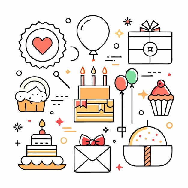 Ilustración con varios símbolos de la fiesta de cumpleaños como pasteles, globos, pastel y regalo