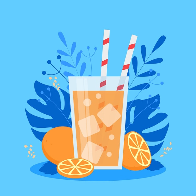 Vector ilustración de vaso con limonada naranjas y hojas ilustración de vector de diseño plano