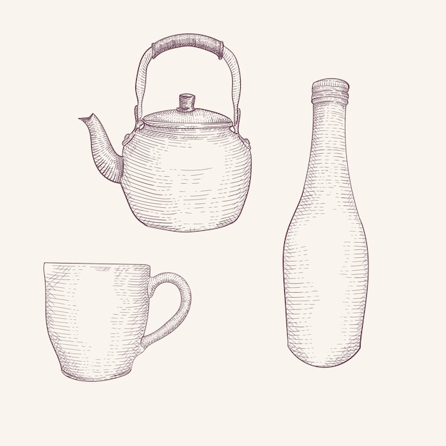 Ilustración de vasos en estilo de grabado clásico vintage