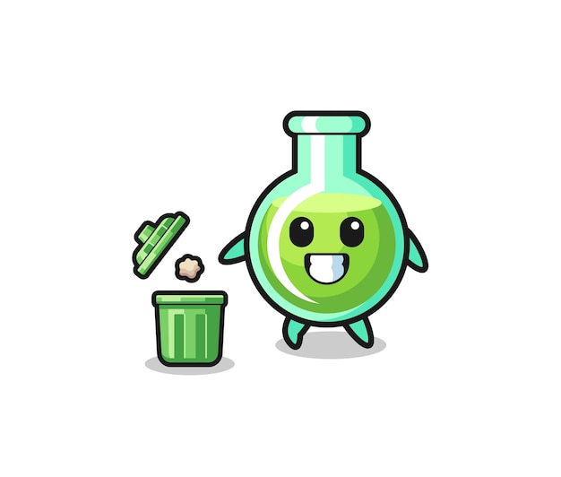 Ilustración de los vasos de laboratorio tirando basura en el bote de basura