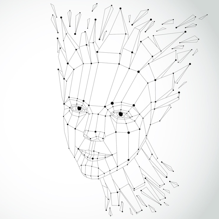 Vector ilustración de vector 3d de cabeza humana creada en estilo polivinílico bajo. cara de mujer pensativa, persona inteligente. alegoría de inteligencia, objeto artístico de alambre deformado roto en astillas y fragmentos.
