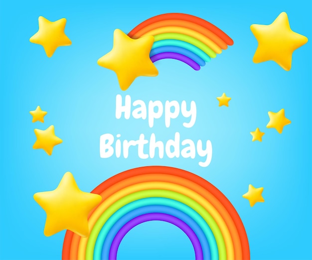 Ilustración de vector 3D de una caricatura linda pancarta de feliz cumpleaños con estrellas y arco iris volando