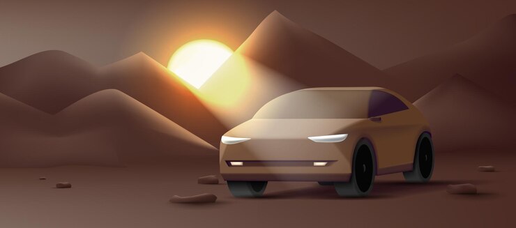 Vector ilustración de vector 3d de coche suv moderno en paisaje de montañas de arena desértica con imagen de puesta de sol
