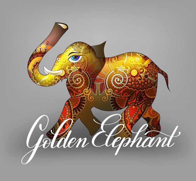 Ilustración de vector 3d decorativo elefante dorado con patrón de paisley de flores