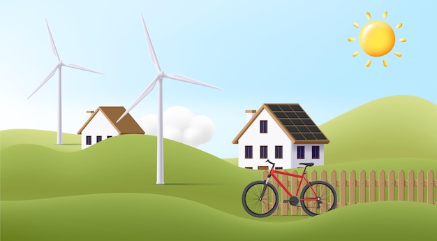 Ilustración de vector 3d de pueblo de paisaje ecológico rural con energía de granja eólica y bicicletas campo de tierra de granja verde de verano de dibujos animados