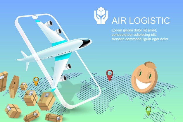 Ilustración de vector 3D Servicio de entrega de transporte global en línea en móvil por avión Logística de carga aérea Orden en línea avión avión almacén carga y caja de paquetería sitio web banner