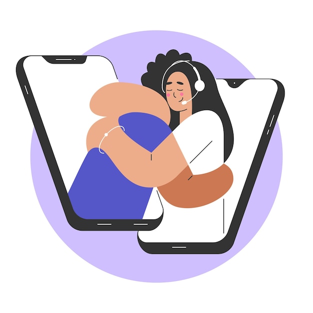 Vector ilustración de vector abrazando a la gente en el fondo del teléfono inteligente en estilo de dibujos animados plana con contorno