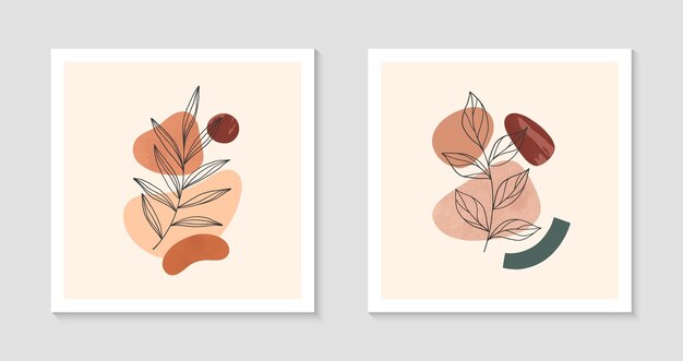 Ilustración de vector abstracto moderno con varias formas orgánicas y arte de línea de follaje