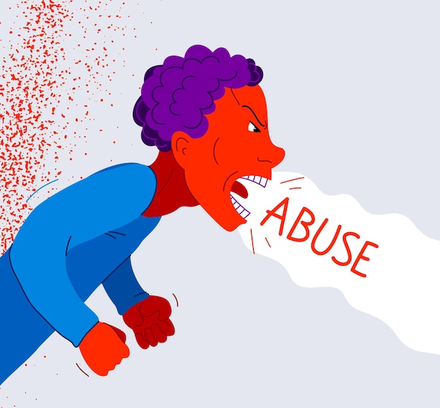 Vector ilustración de vector de abusador psicológico de hombre agresivo, grito y pelea de gritos con puños apretados violentos, violencia doméstica y abuso, mal comportamiento de alcoholismo, manipulador psicópata.