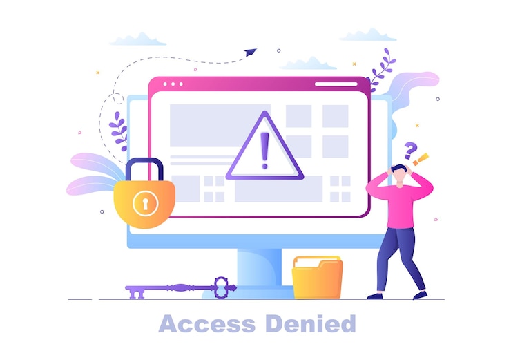 Vector ilustración de vector de acceso denegado de inicio de sesión. el sistema rechaza la contraseña, el error y la entrada al dispositivo informático que muestra que el usuario no tiene permiso para el desarrollo de sitios web o dispositivos móviles