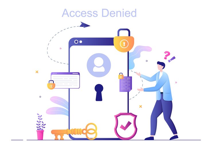 Vector ilustración de vector de acceso denegado de inicio de sesión. el sistema rechaza la contraseña, el error y la entrada al dispositivo informático que muestra que el usuario no tiene permiso para el desarrollo de sitios web o dispositivos móviles