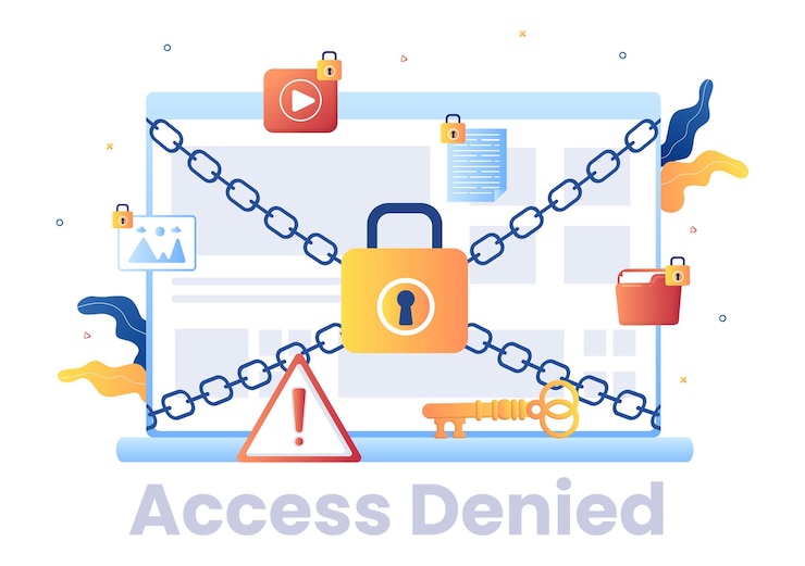 Vector ilustración de vector de acceso denegado de inicio de sesión. el sistema rechaza la contraseña, el error y la entrada al dispositivo informático que muestra que el usuario no tiene permiso para el desarrollo de sitios web o dispositivos móviles