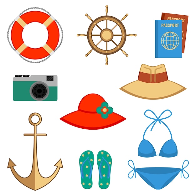 Ilustración de vector de accesorios de vacaciones de verano aislado en blanco. Conjunto con elementos para la cabeza y traje de baño, cámara de fotos y volante, aro salvavidas.