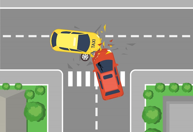 Ilustración de vector de accidente automovilístico, vista superior. concepto de accidente de tráfico de estilo plano de dibujos animados, choques de coches amarillos y rojos.