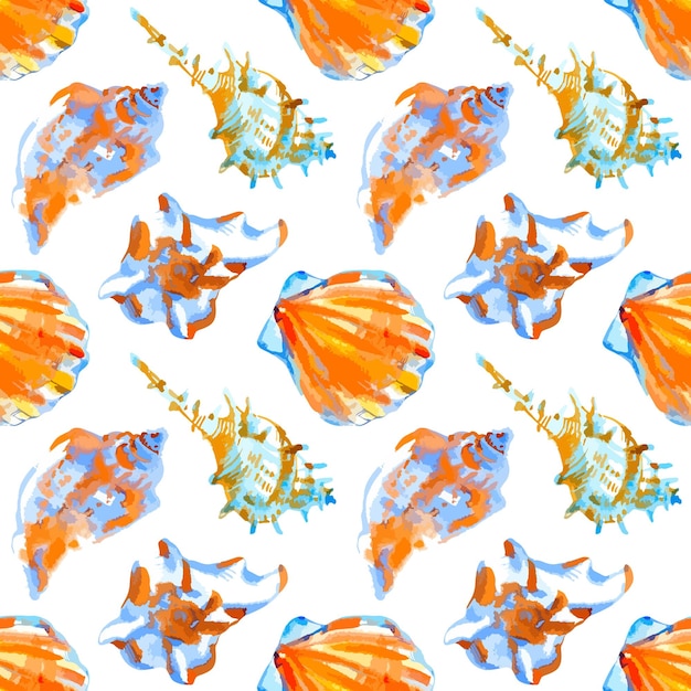 Ilustración de vector de acuarela de patrones sin fisuras con conchas marinas