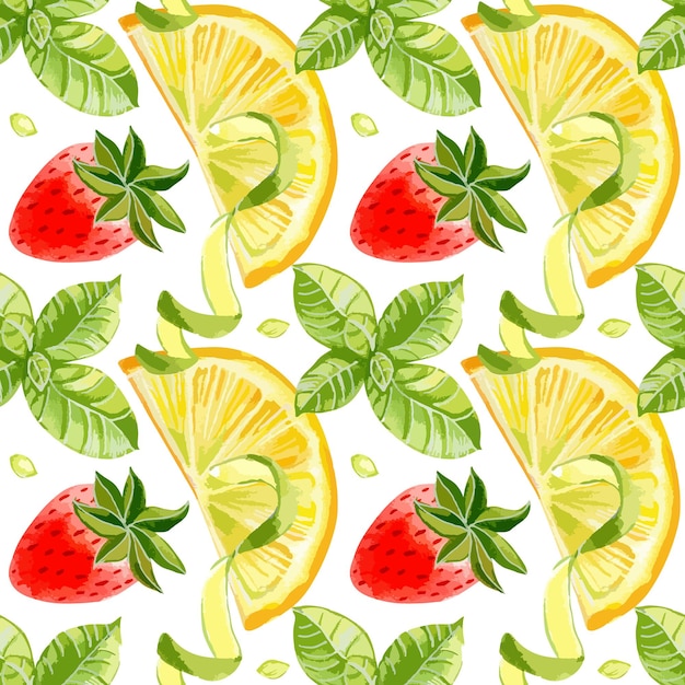 Ilustración de vector de acuarela de patrones sin fisuras con limón fresa y menta