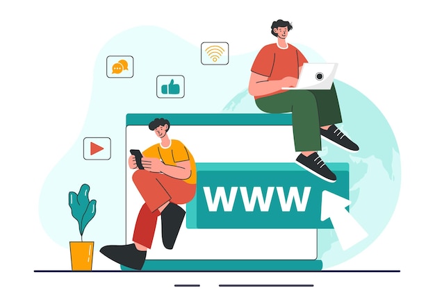 Ilustración del vector de adicción a Internet con jóvenes adictos al uso de dispositivos como las computadoras portátiles