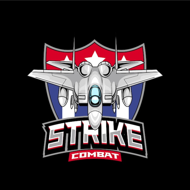 Ilustración Vector Air Jet desde la vista frontal con el texto STRIKE COMBAT Logotipo de Esport