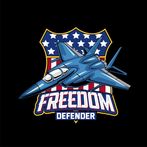 Ilustración Vector Air Jet desde la vista lateral con el texto FREEDOM DEVENDER Logotipo de Esport