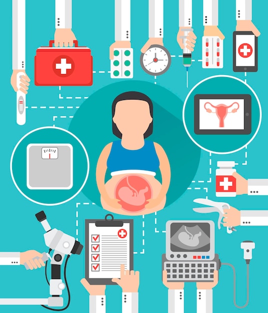 Ilustración de vector aislado de diseño plano médico ginecólogo con mujer embarazada Ilustración de vector
