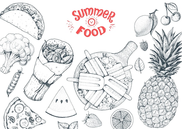 Ilustración de vector de alimentos de verano Colección de bocetos de alimentos de variedad Vista superior ilustración grabada