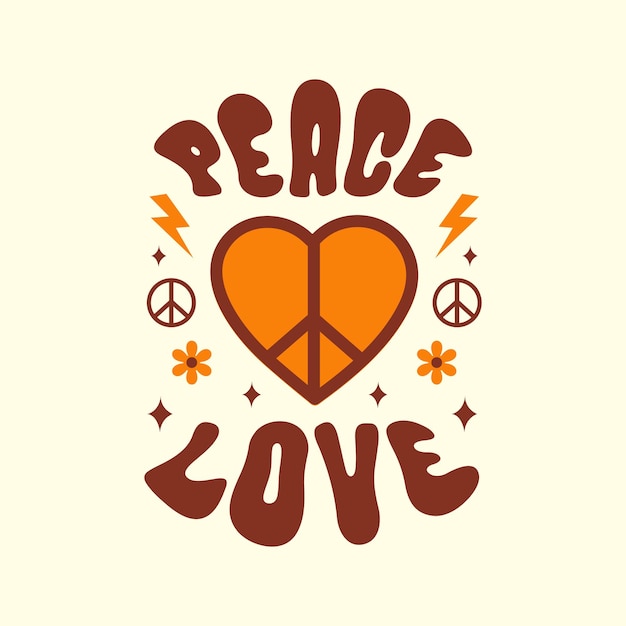 Ilustración de vector de amor de paz con elementos de corazón y hippie. Eslogan retro vintage en estilo años 70, 80