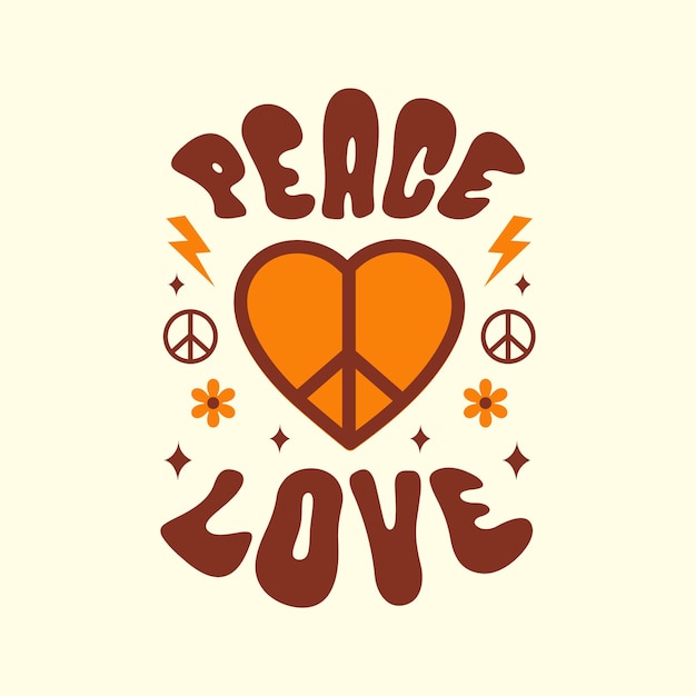 Vector ilustración de vector de amor de paz con elementos de corazón y hippie. eslogan retro vintage en estilo años 70, 80