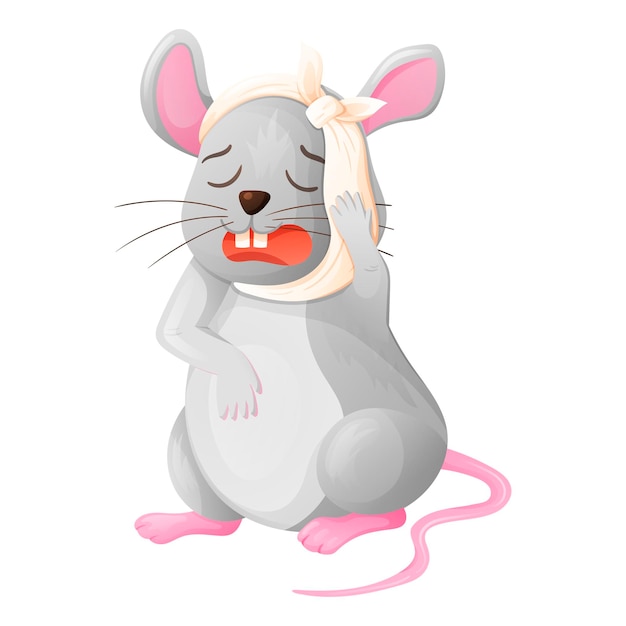 Ilustración de vector de animales de bebé de dibujos animados. Un ratón triste que llora con una venda en la cabeza sufre de dolor en un diente.