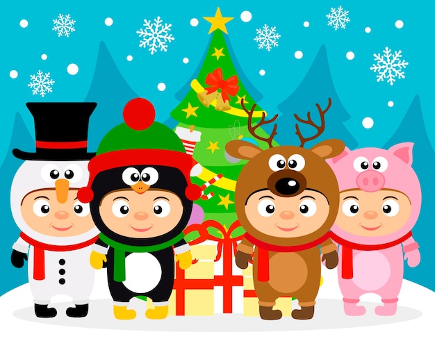 Ilustración de vector de año nuevo con árbol de Navidad y niños en traje de año nuevo