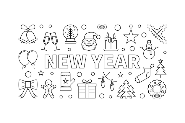 Ilustración de vector de año nuevo en estilo de línea sobre fondo blanco