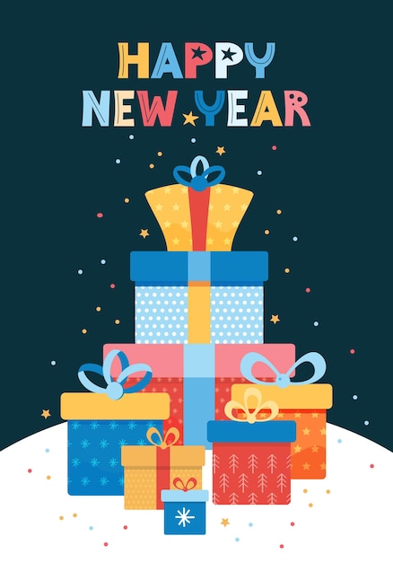 Ilustración de vector de año nuevo para tarjeta de felicitación. Pila de coloridas cajas de regalo