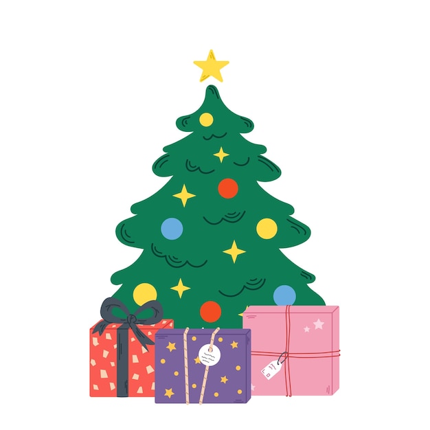 Ilustración de vector con árbol de navidad y cajas de regalo Regalos bajo el abeto Navidad y celebración de año nuevo