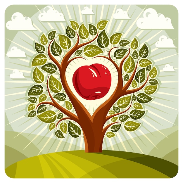 Vector ilustración de vector de árbol con ramas en forma de corazón con una manzana dentro, hermoso paisaje primaveral. imagen de idea de amor y maternidad.