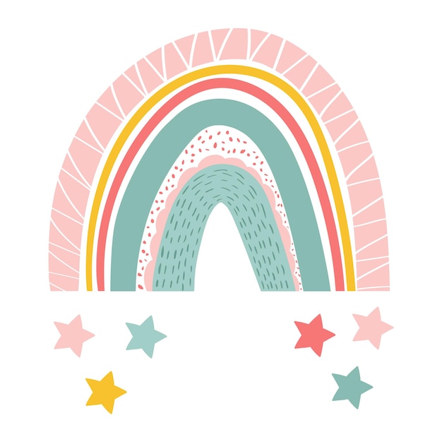 Ilustración de vector de arco iris colorido lindo en estilo escandinavo arco iris aislado con estrellas