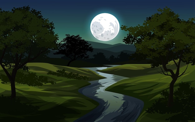 Vector ilustración de vector de arroyo y bosque en la noche con luna llena de bahía