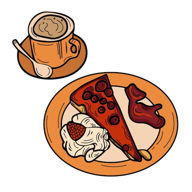 Ilustración de vector de arte de línea dibujada a mano de un plato de desayuno con tarta de queso y café