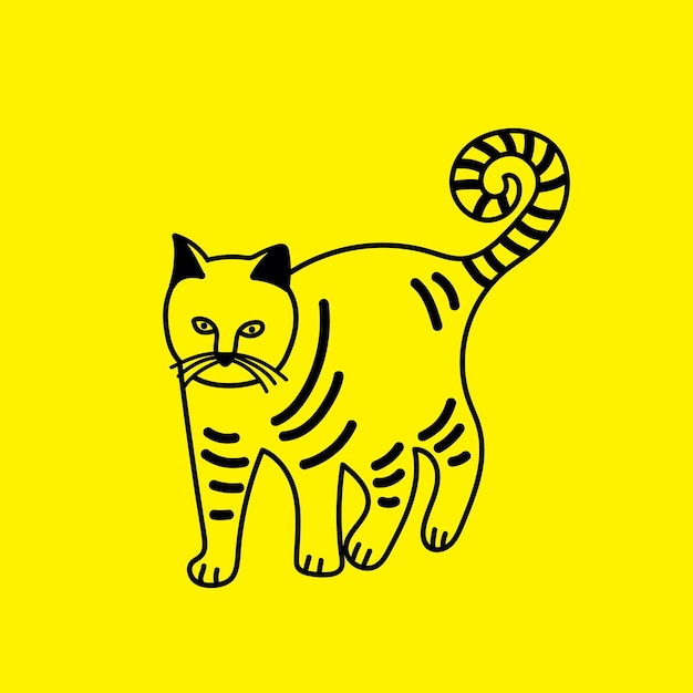 Una ilustración de vector de arte de línea de gato lindo sobre un fondo de color amarillo Prediseñadas de animales de compañía